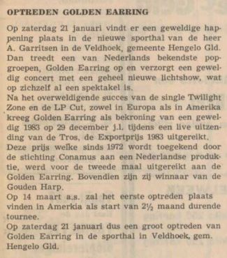 Golden Earring newspaper show announcement January 21 1984 Veldhoek - Sporthal